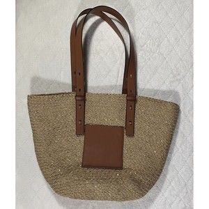 Large Woven Tote Bag Raffia Bucket Basket Faux Leather Pocket Gold Beach Party
